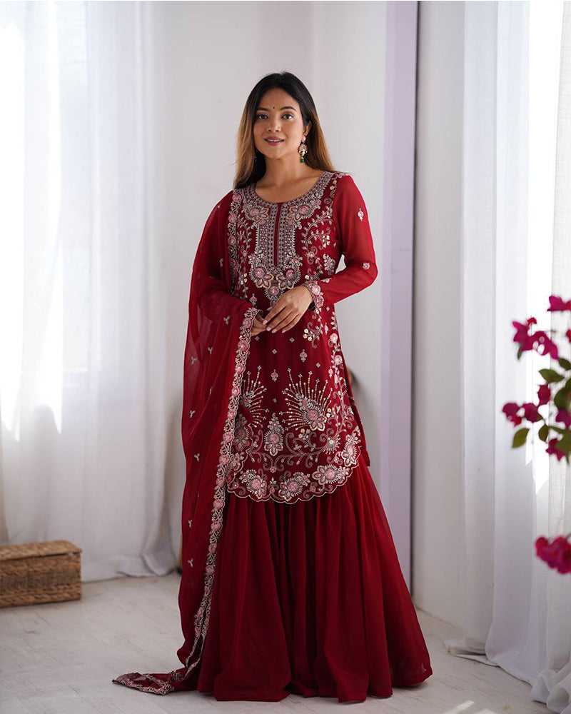 Maroon color faux georgette sharara suit