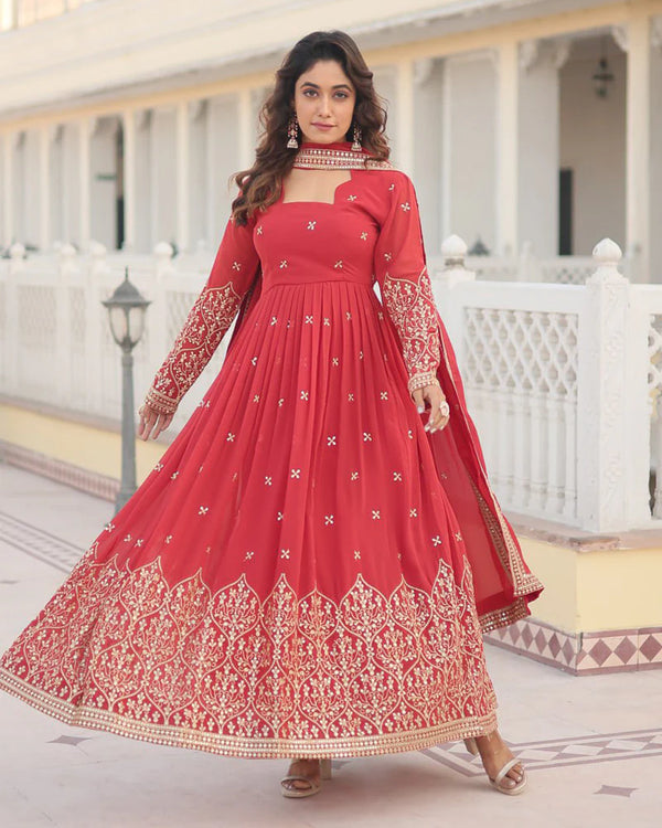 Faux Georgette Red Color Anarkali Gown With Sequence Embroidery Dupatta