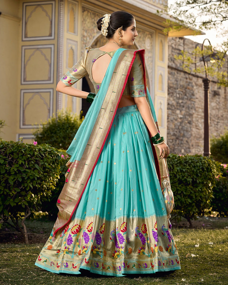 Designer Sky Blue Color Jacquard Paithani Silk Lehenga Choli