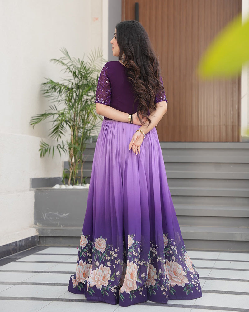 Purple color faux blooming embroidered work gown