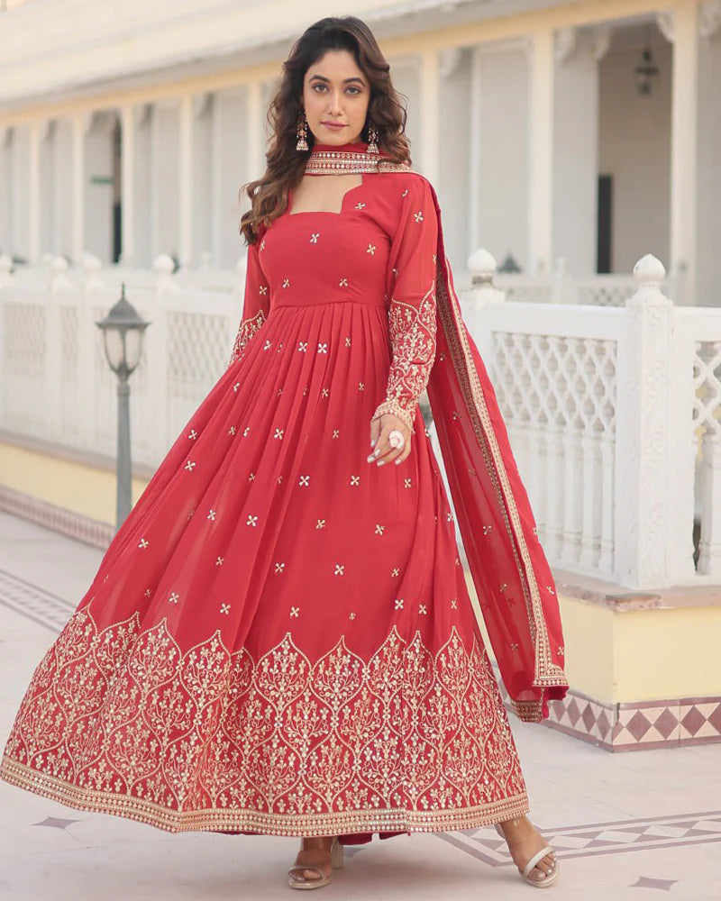 Faux Georgette Red Color Anarkali Gown With Sequence Embroidery Dupatta