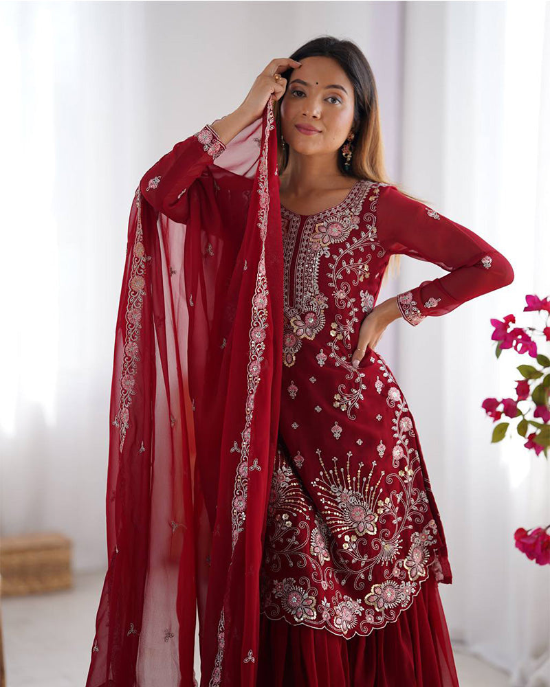 Maroon color faux georgette sharara suit