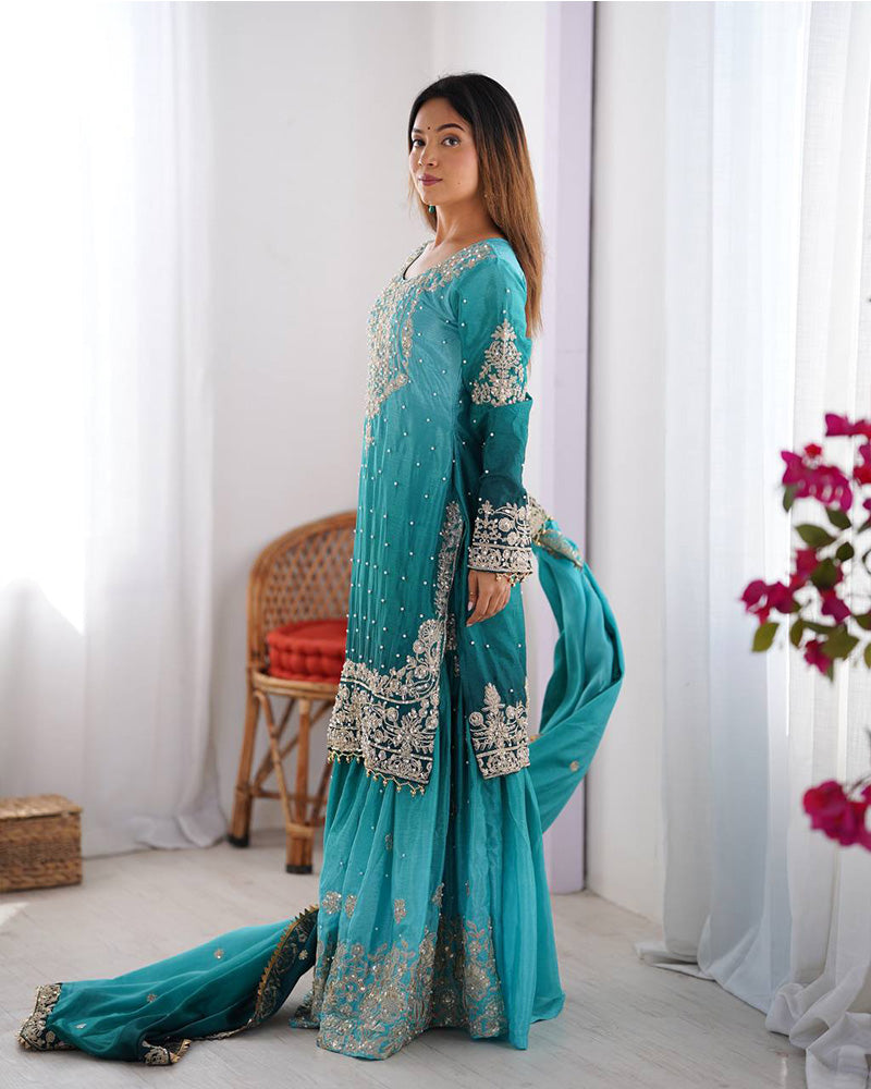Rama color chinnon sequence work plazzo suit