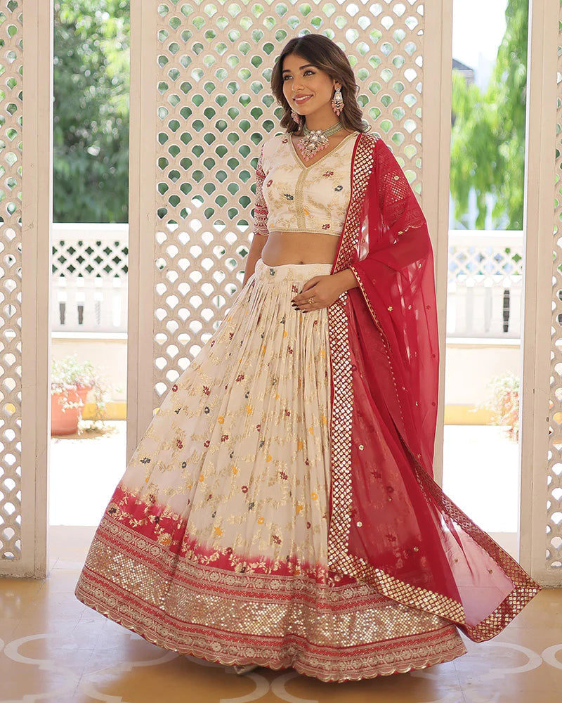 OFF-WHITE COLOR PURE VISCOSE JACQUARD LEHENGA CHOLI