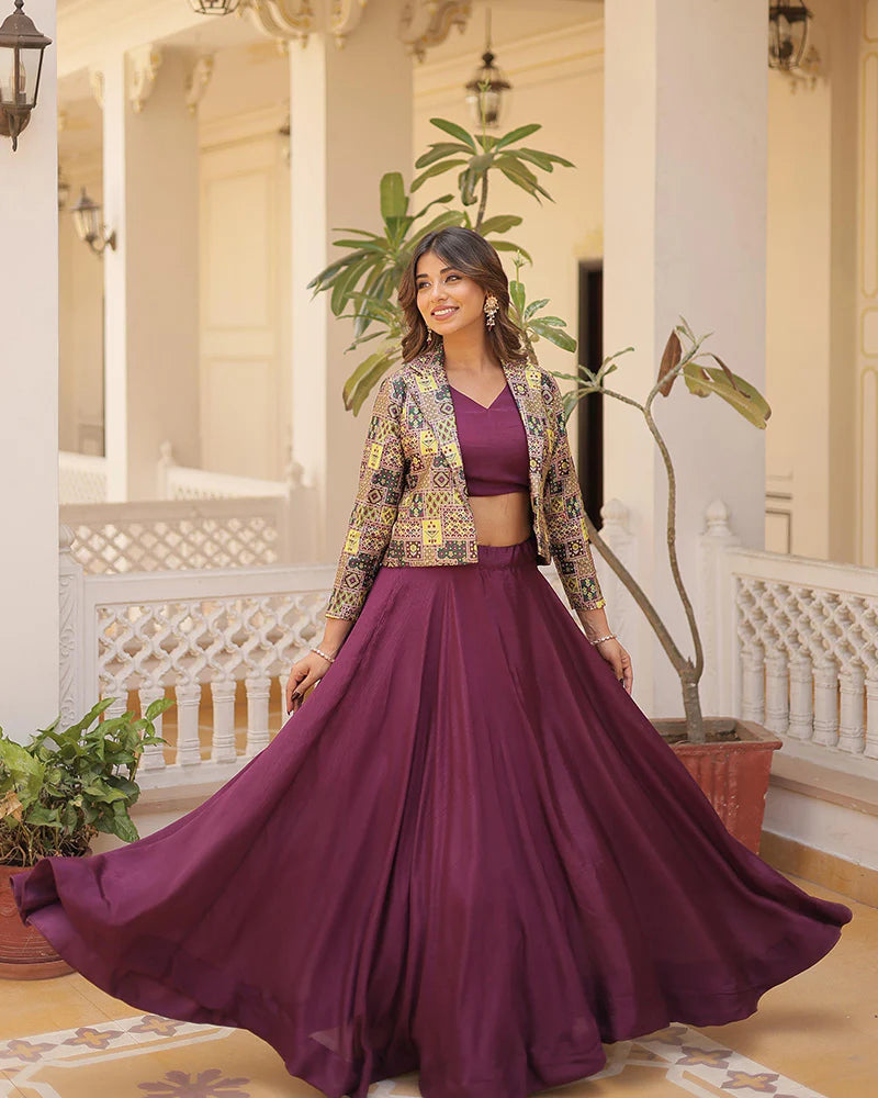 WINE COLOR PURE CHINNON LEHENGA CHOLI