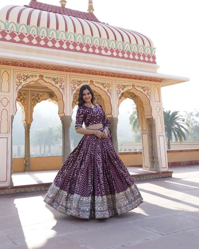 Design Wine Color Sequence Embroidered Jacquard Lehenga Choli