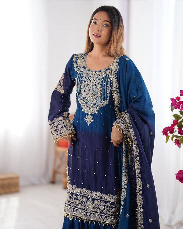 Royal blue color chinnon sequence work plazzo suit