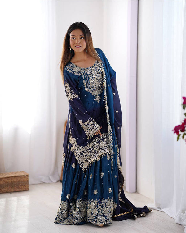 Royal blue color chinnon sequence work plazzo suit