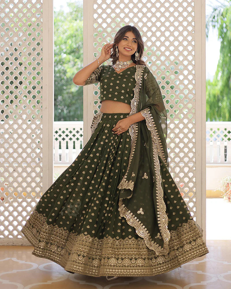 MEHNDI COLOR PURE DYABLE JACQUARD LEHENGA CHOLI