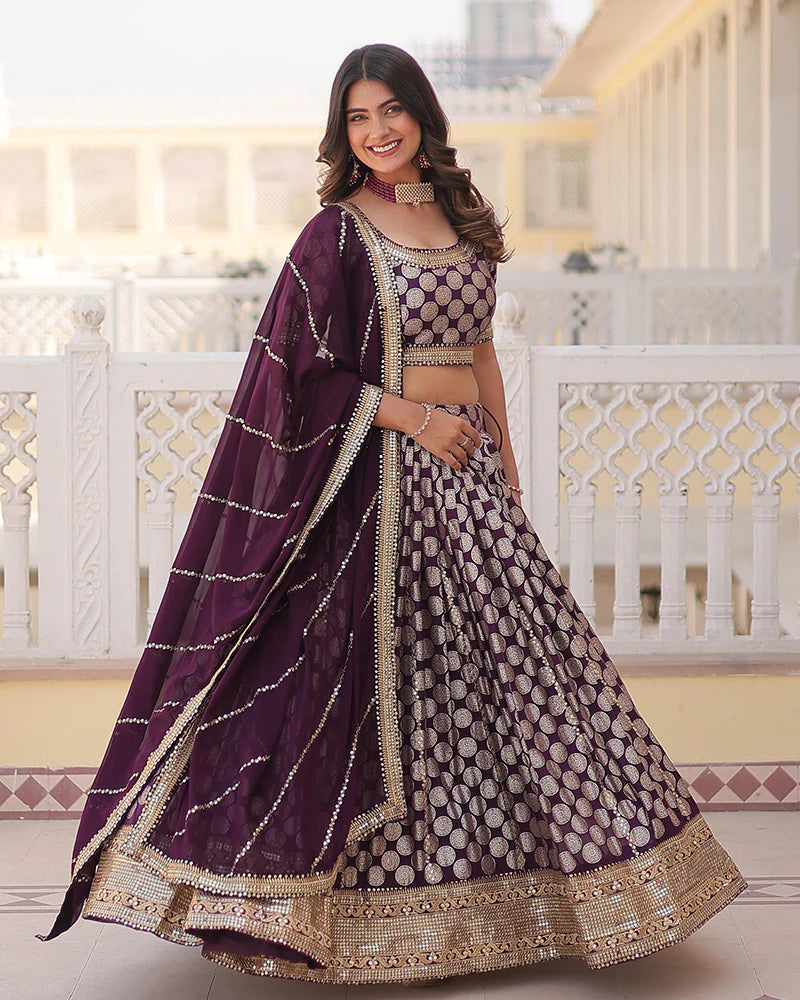 WINE COLOR PURE VISCOSE JACQUARD LEHENGA CHOLI