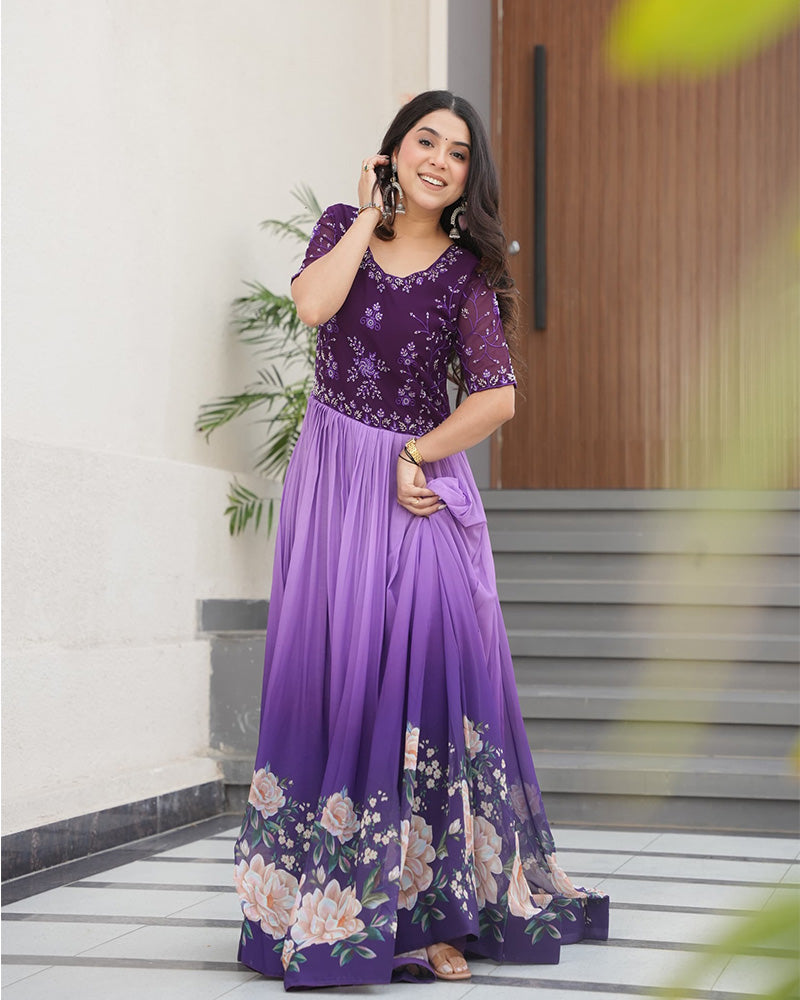 Purple color faux blooming embroidered work gown