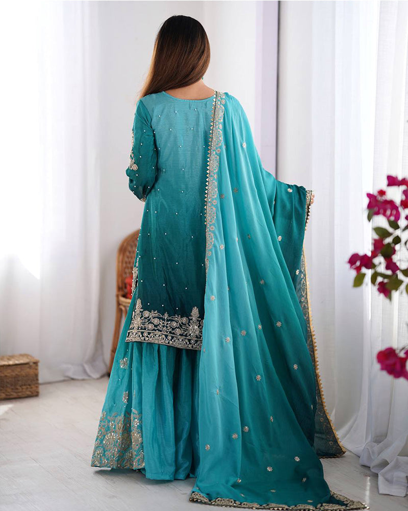Rama color chinnon sequence work plazzo suit