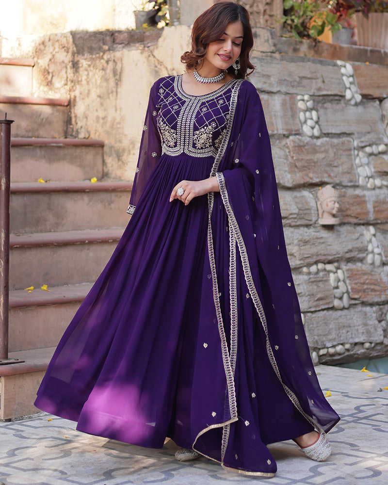 Purple color faux blooming embroidered gown with dupatta