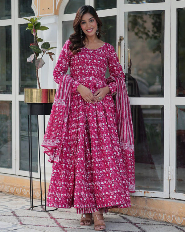 Pink color printed pure cotton three piece kurti suit
