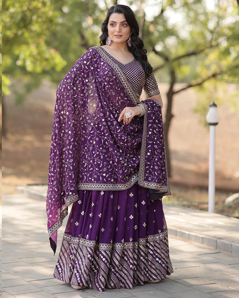 Wedding Wear Dark Purple Color Blooming Lehenga Choli