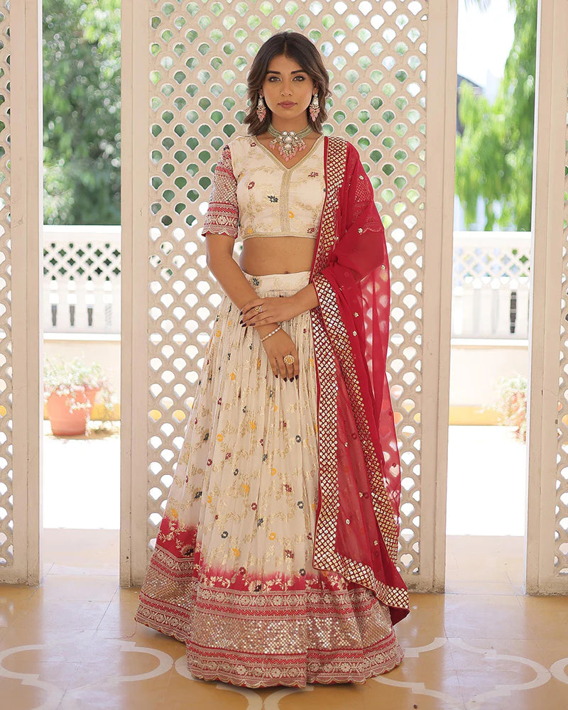 OFF-WHITE COLOR PURE VISCOSE JACQUARD LEHENGA CHOLI