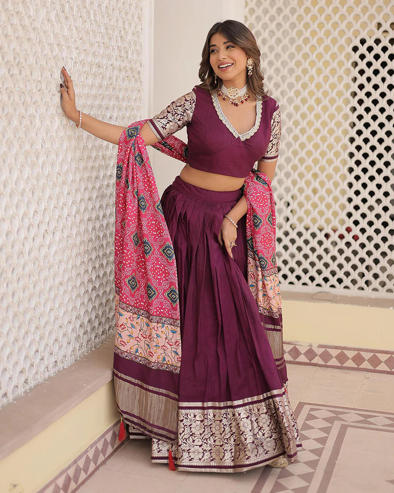 Wine Color Jacquard Lehenga Choli With Gaji Silk Dupatta