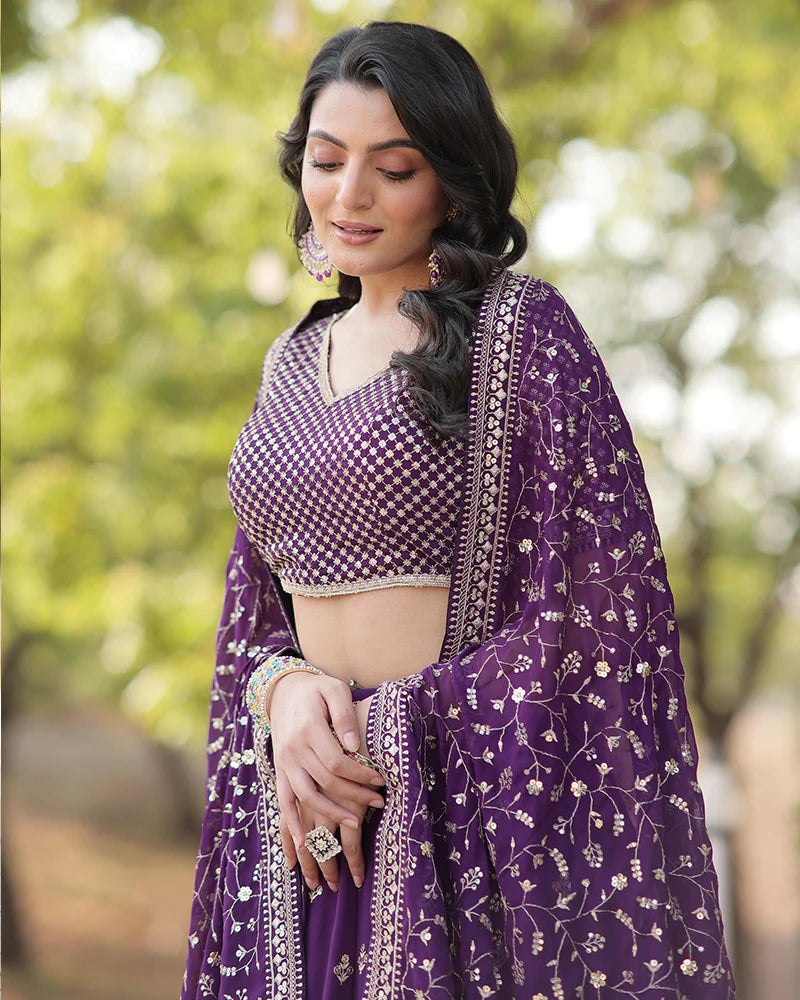 Wedding Wear Dark Purple Color Blooming Lehenga Choli