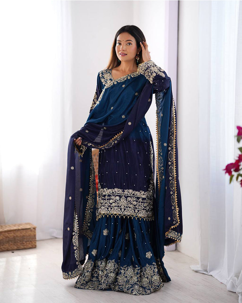 Royal blue color chinnon sequence work plazzo suit