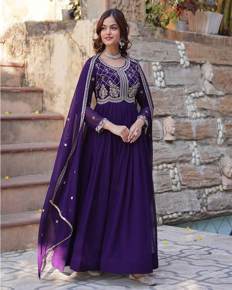 Purple color faux blooming embroidered gown with dupatta