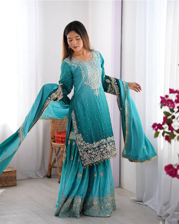 Rama color chinnon sequence work plazzo suit