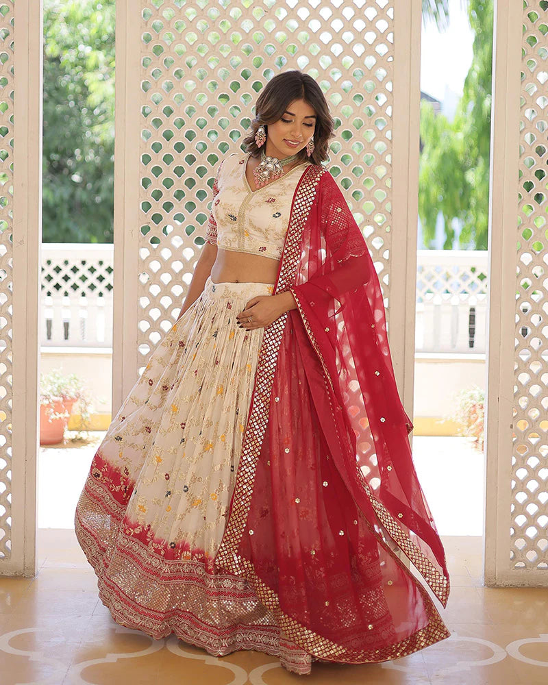 OFF-WHITE COLOR PURE VISCOSE JACQUARD LEHENGA CHOLI