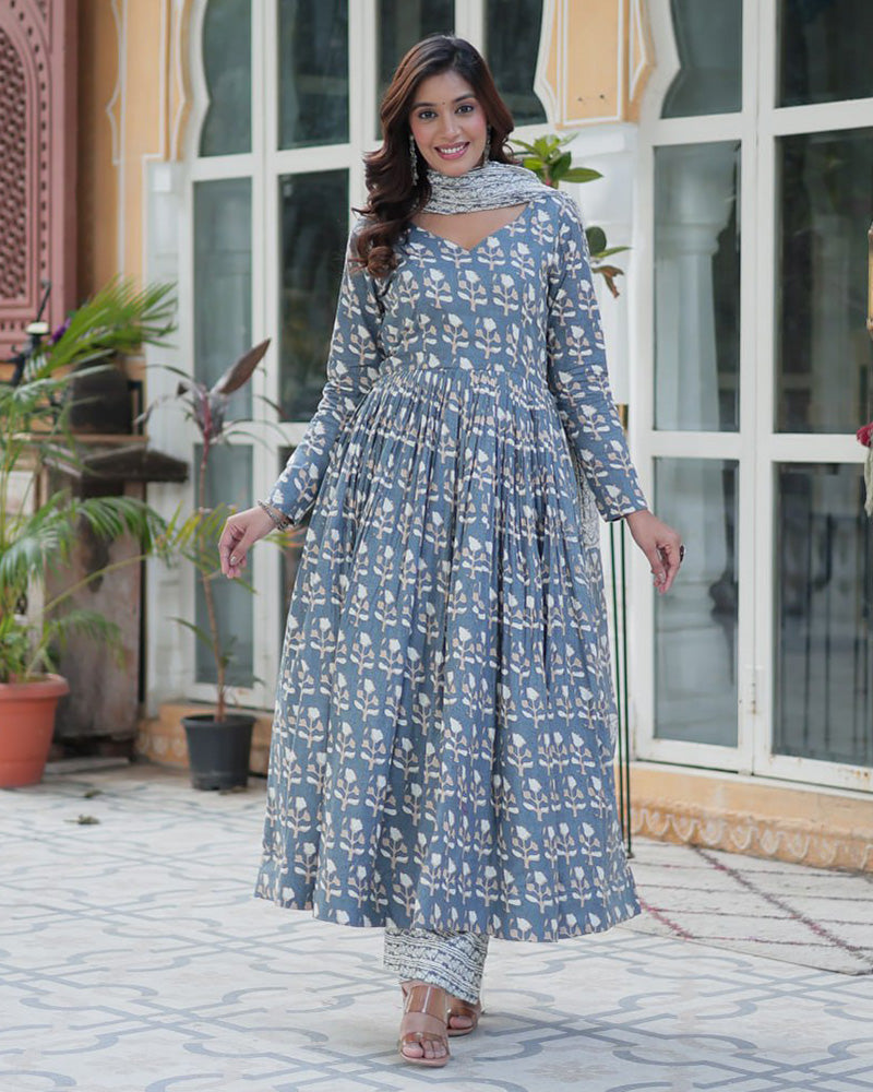Gray color printed pure cotton three piece kurti suit
