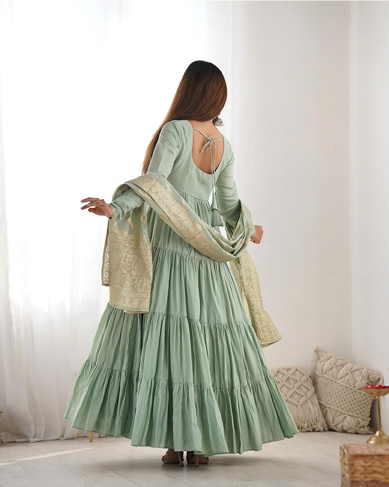 PISTA COLOR PURE ROMAN SILK RUFFLE STYLE ANARKALI SUIT