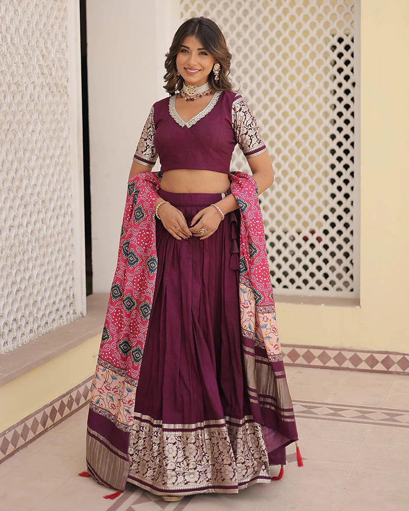 Wine Color Jacquard Lehenga Choli With Gaji Silk Dupatta