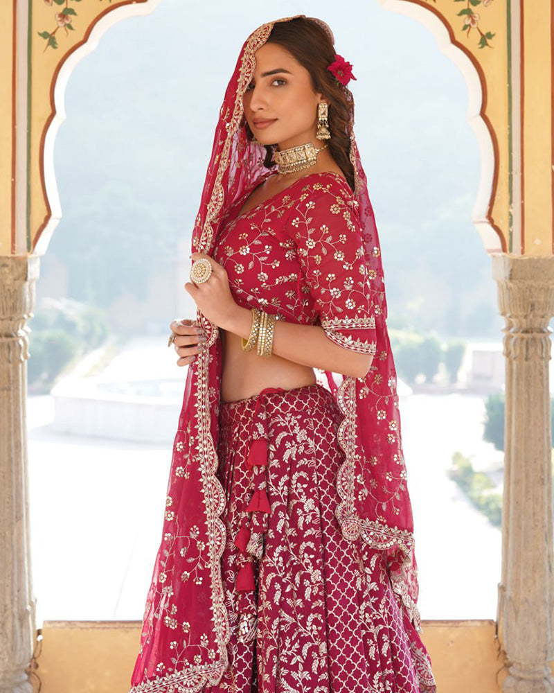 Design Rani Pink Color Sequence Embroidered Jacquard Lehenga Choli