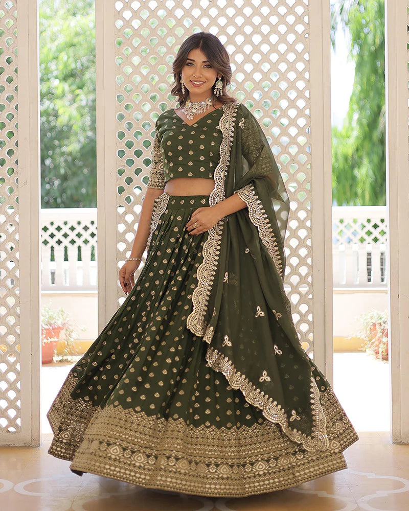 MEHNDI COLOR PURE DYABLE JACQUARD LEHENGA CHOLI