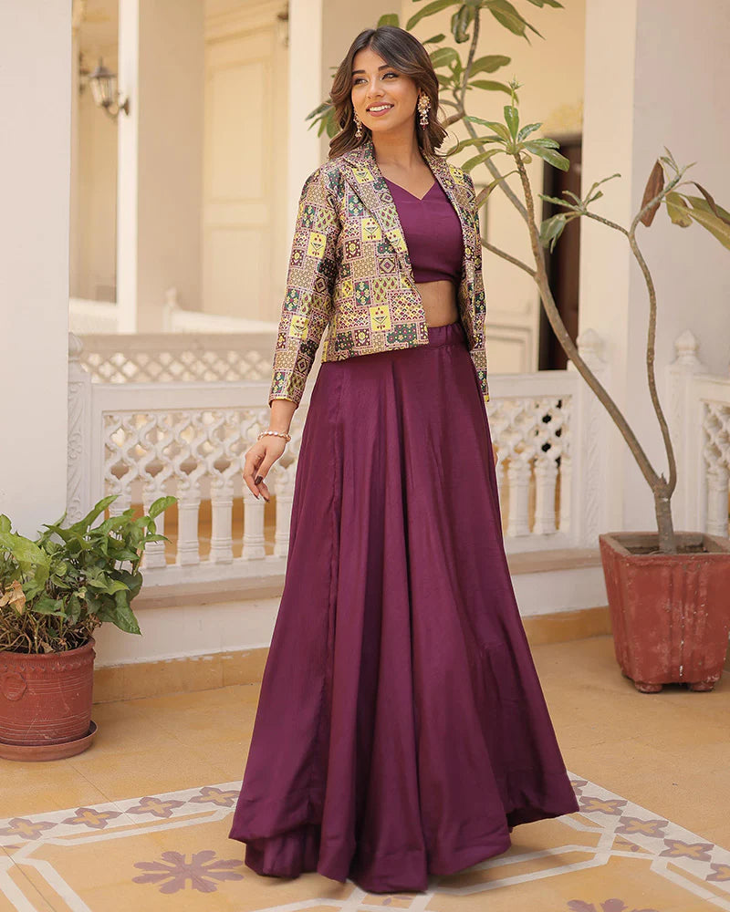 WINE COLOR PURE CHINNON LEHENGA CHOLI