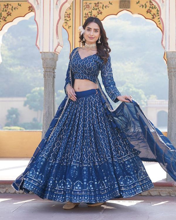 Rama Color Georgette Heavy Embroidery Threaded Semi Stitched Lehenga Choli