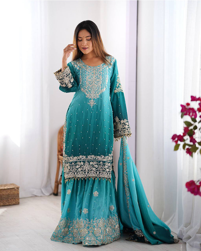 Rama color chinnon sequence work plazzo suit