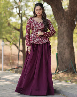 Wine Color Vichitra Shimmer Crop Top Lehenga Choli