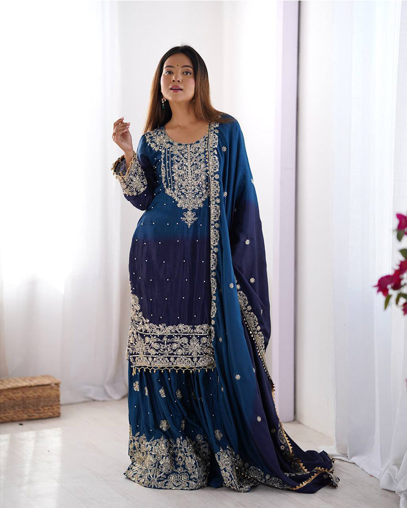 Royal blue color chinnon sequence work plazzo suit