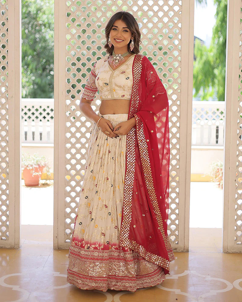 OFF-WHITE COLOR PURE VISCOSE JACQUARD LEHENGA CHOLI