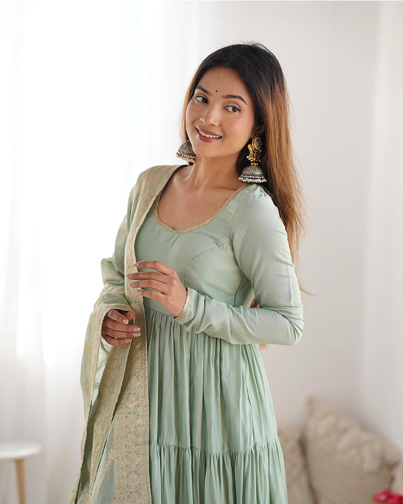 PISTA COLOR PURE ROMAN SILK RUFFLE STYLE ANARKALI SUIT