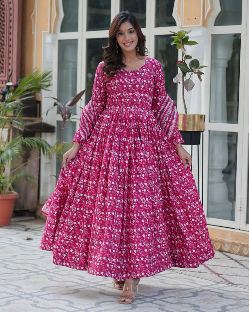 Pink color printed pure cotton three piece kurti suit