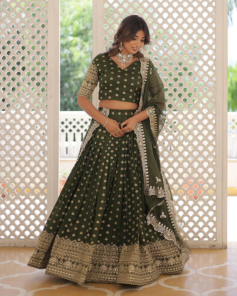 MEHNDI COLOR PURE DYABLE JACQUARD LEHENGA CHOLI