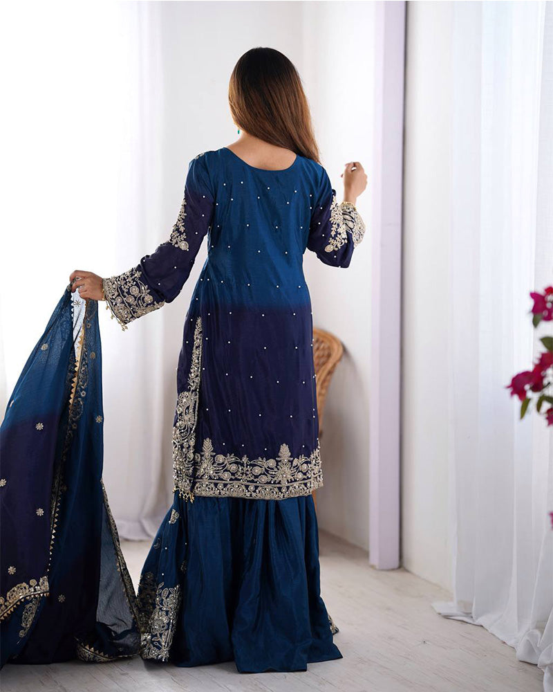 Royal blue color chinnon sequence work plazzo suit