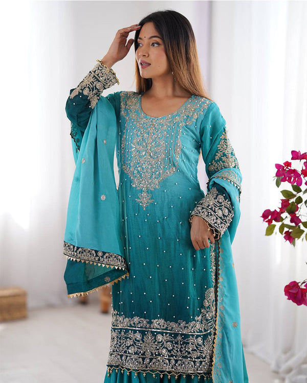 Rama color chinnon sequence work plazzo suit