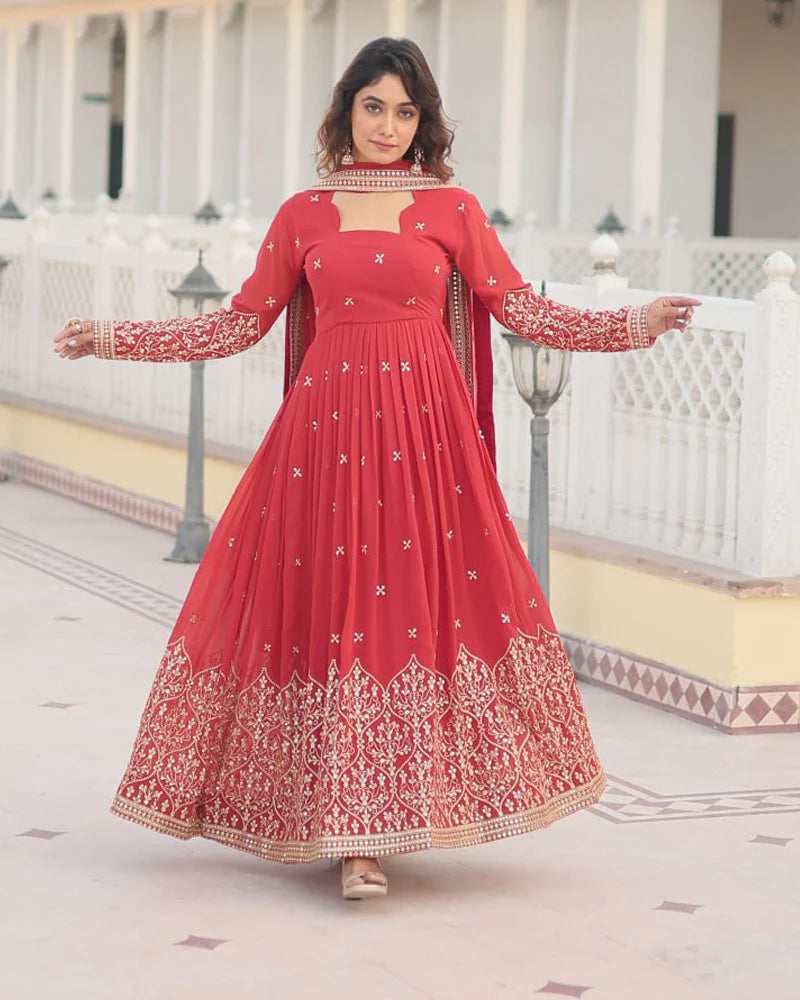 Faux Georgette Red Color Anarkali Gown With Sequence Embroidery Dupatta