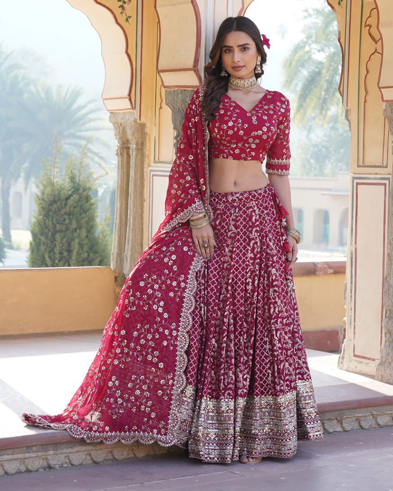 Design Rani Pink Color Sequence Embroidered Jacquard Lehenga Choli