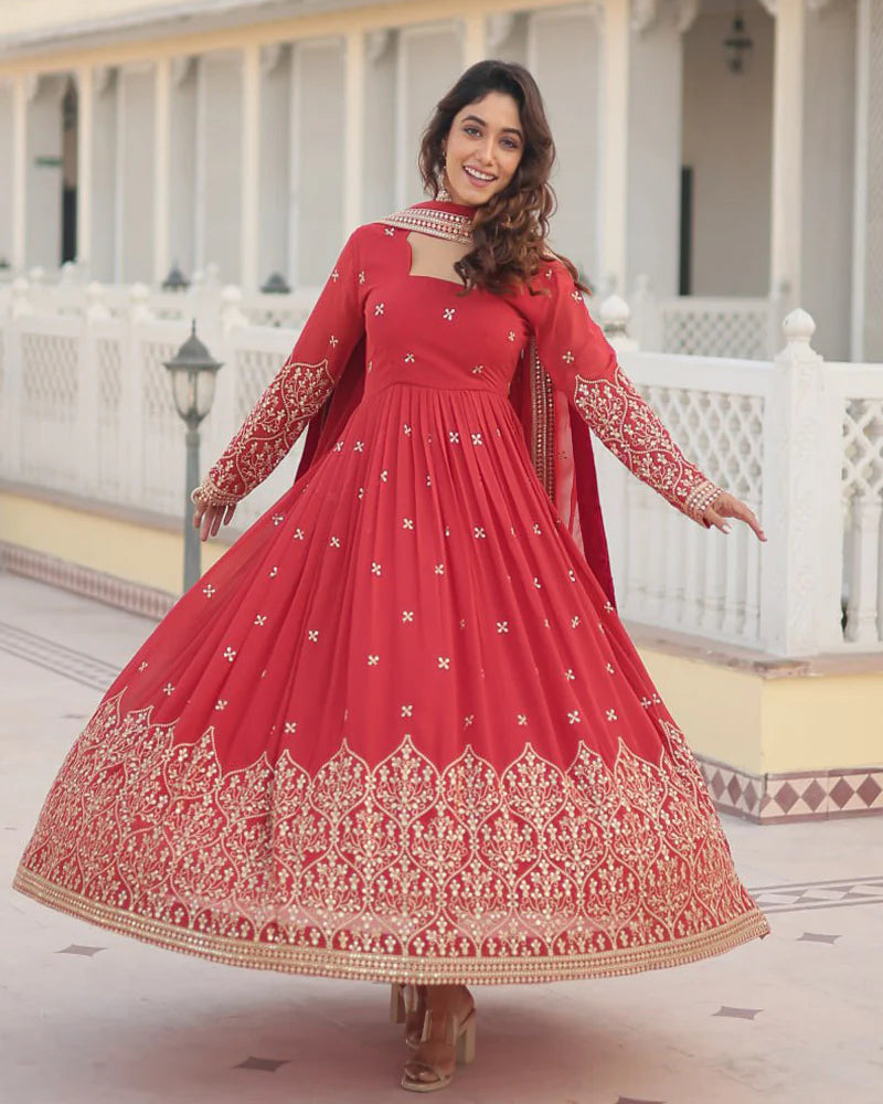 Faux Georgette Red Color Anarkali Gown With Sequence Embroidery Dupatta