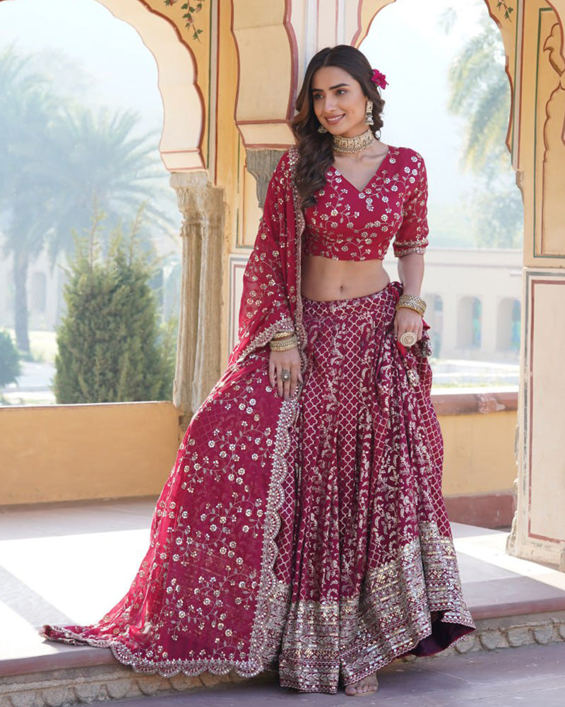 Design Rani Pink Color Sequence Embroidered Jacquard Lehenga Choli