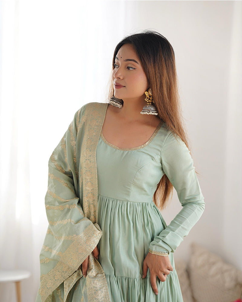 PISTA COLOR PURE ROMAN SILK RUFFLE STYLE ANARKALI SUIT