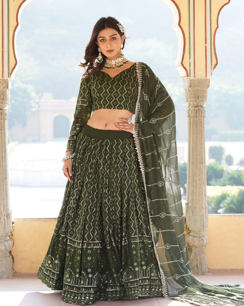 Dark Green Color Georgette Heavy Embroidery Threaded Semi Stitched Lehenga Choli