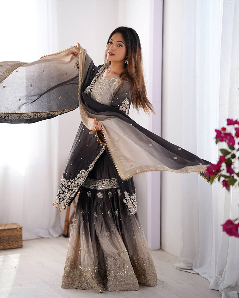 Mehndi color chinnon sequence work plazzo suit (Copy)