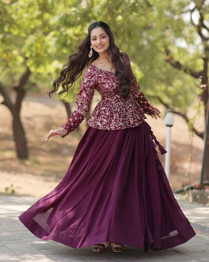 Wine Color Vichitra Shimmer Crop Top Lehenga Choli